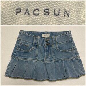 Y2K PacSun Denim Micro‎ Mini Skirt Pleated Light Wash 23